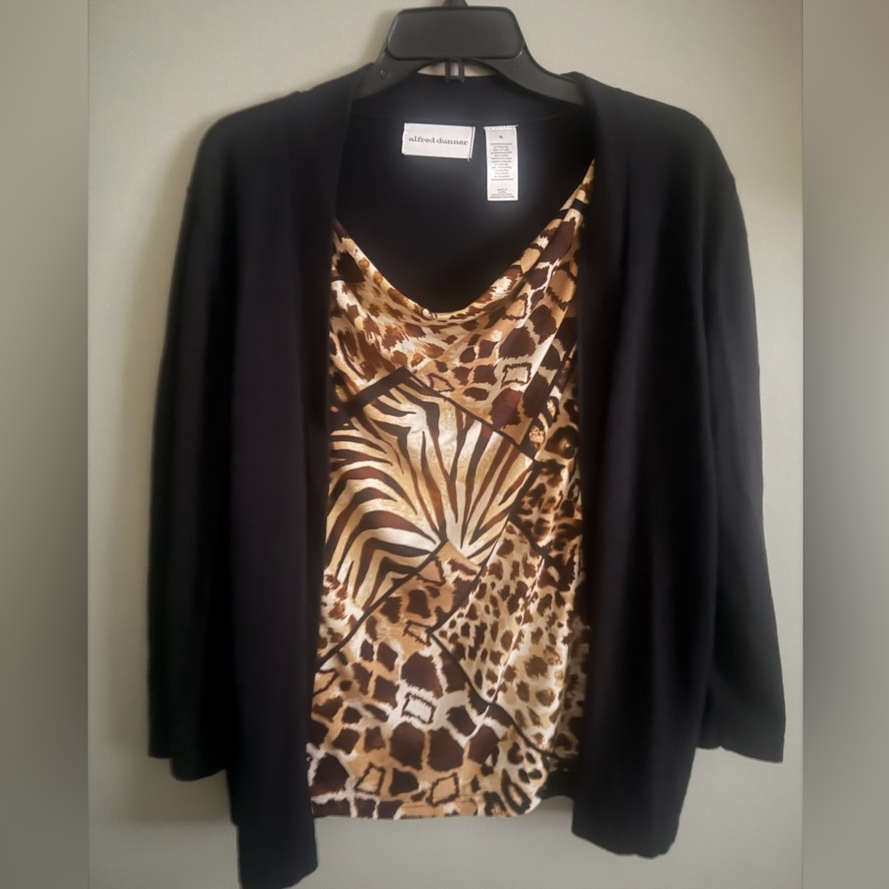Alfred Dunner Black Cardigan  Animal Print 2 in 1 open front cardigan sz medium